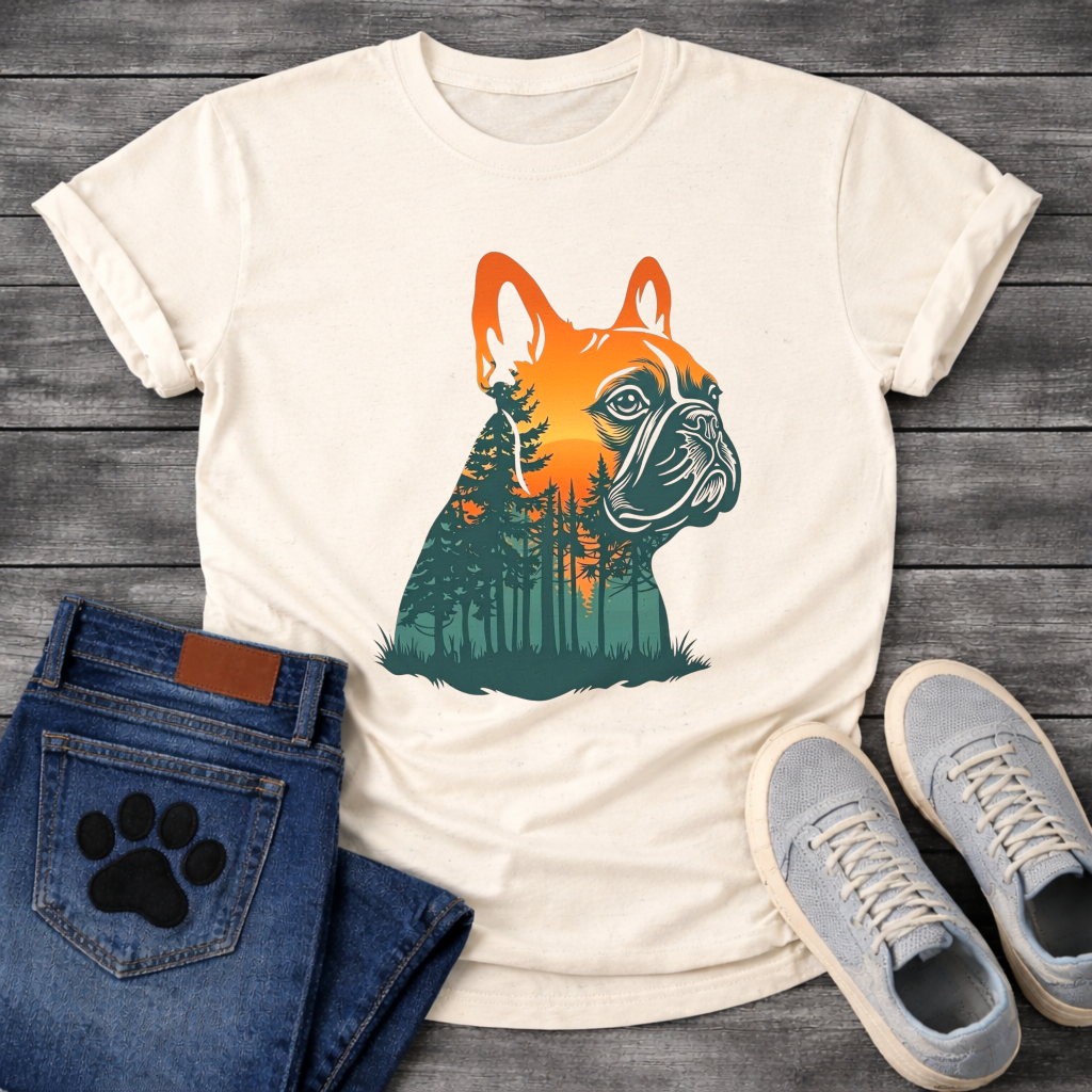 Frenchie double exposure forest sunset portrait silhouette t-shirt sage orange teal pet lover apparel