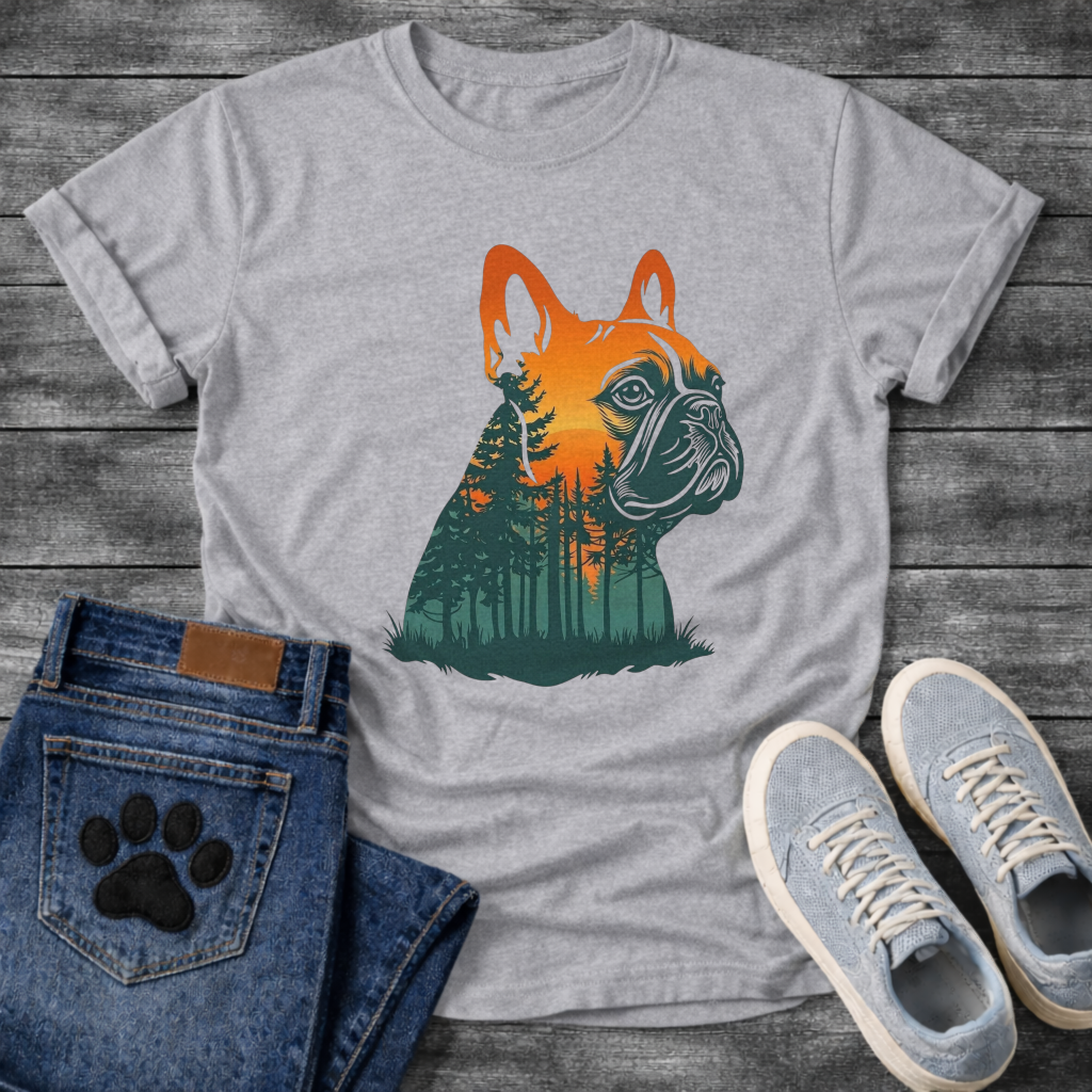 Frenchie double exposure forest sunset portrait silhouette t-shirt sage orange teal pet lover apparel