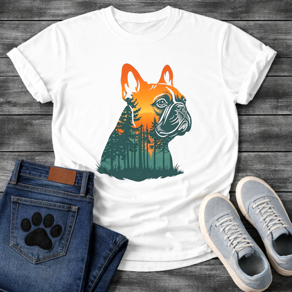 Frenchie double exposure forest sunset portrait silhouette t-shirt sage orange teal pet lover apparel