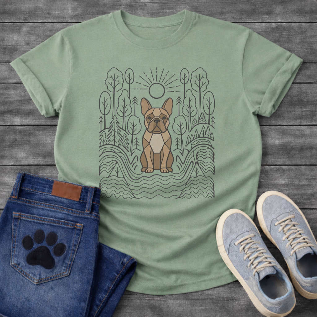 French Bulldog geometric line art forest sun graphic dog shirt unisex tee
