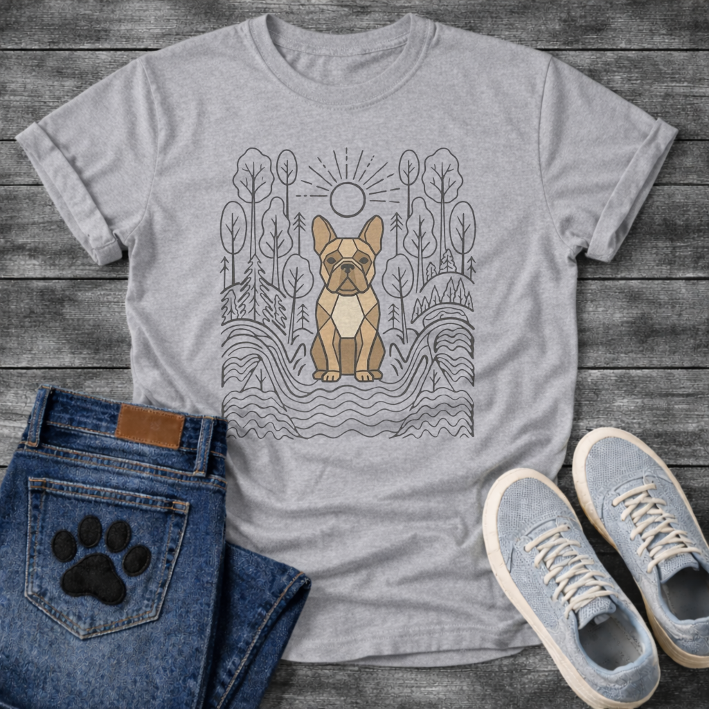 French Bulldog geometric line art forest sun graphic dog shirt unisex tee
