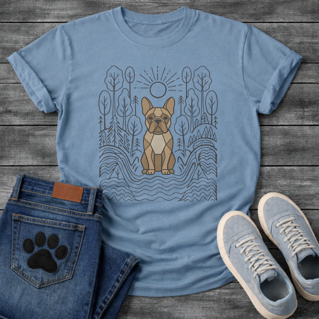 French Bulldog geometric line art forest sun graphic dog shirt unisex tee
