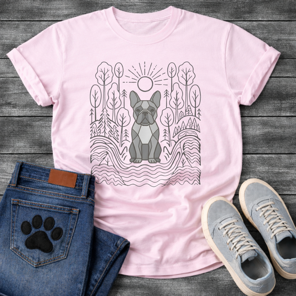 French Bulldog geometric line art forest sun graphic dog shirt unisex tee