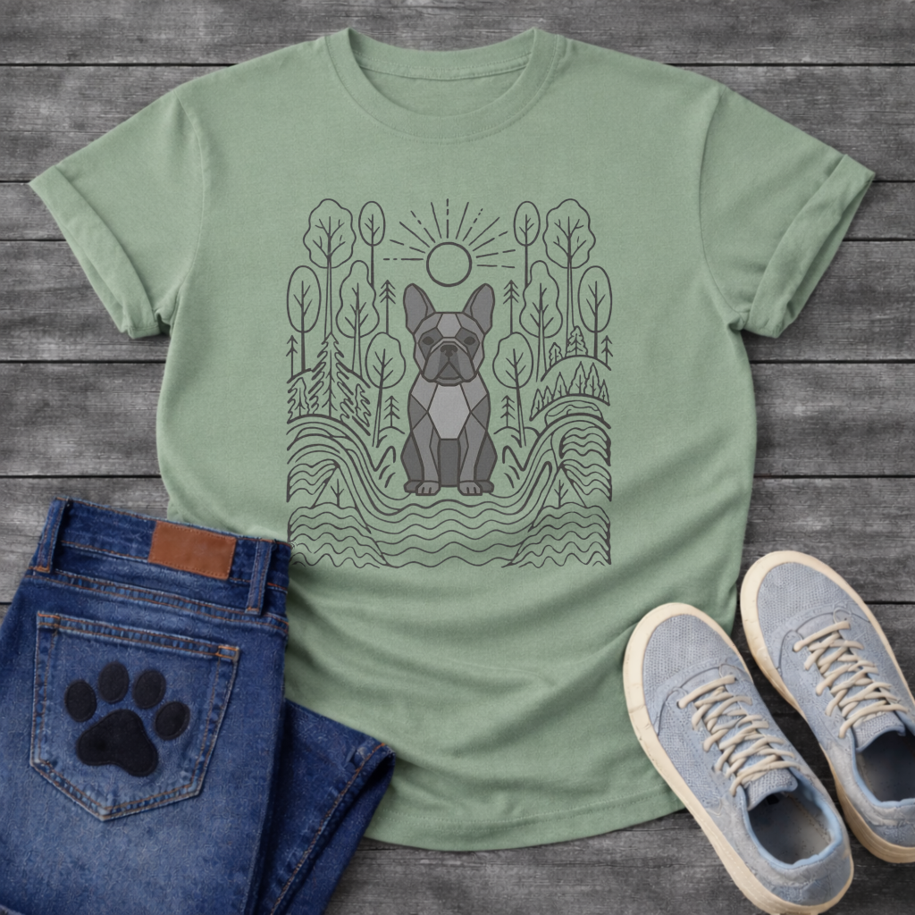 French Bulldog geometric line art forest sun graphic dog shirt unisex tee
