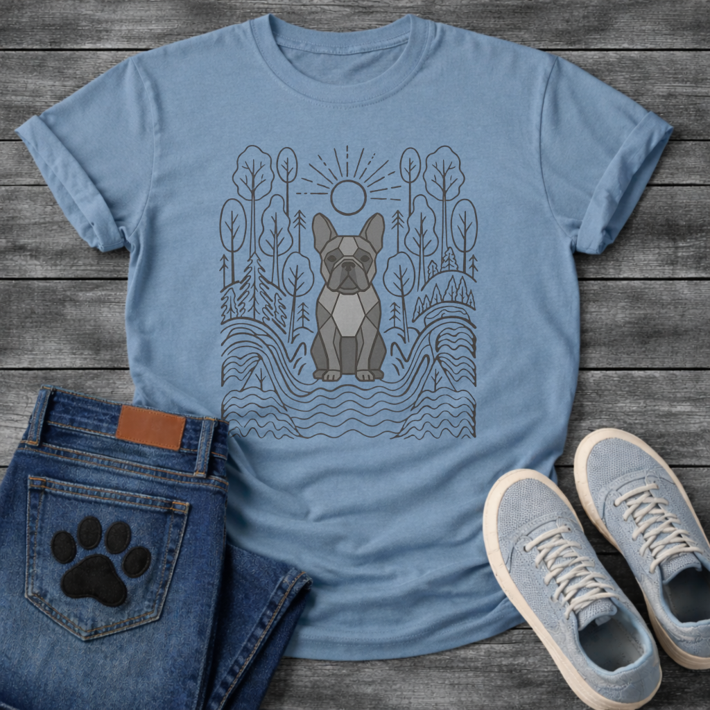 French Bulldog geometric line art forest sun graphic dog shirt unisex tee