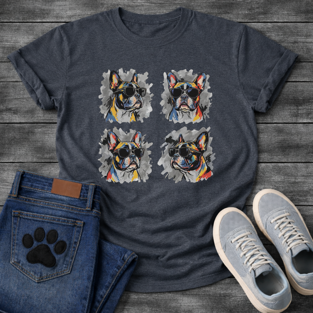Four French Bulldogs wearing sunglasses colorful pop art style illustration grid graphic tee