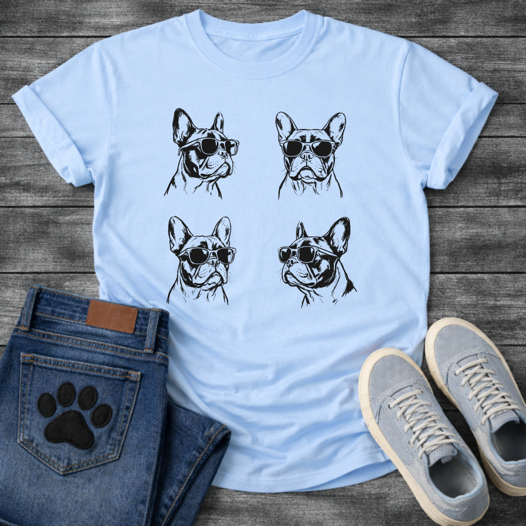 Four French Bulldogs wearing sunglasses sketch illustration grid graphic tee