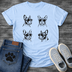 Four French Bulldogs wearing sunglasses sketch illustration grid graphic tee