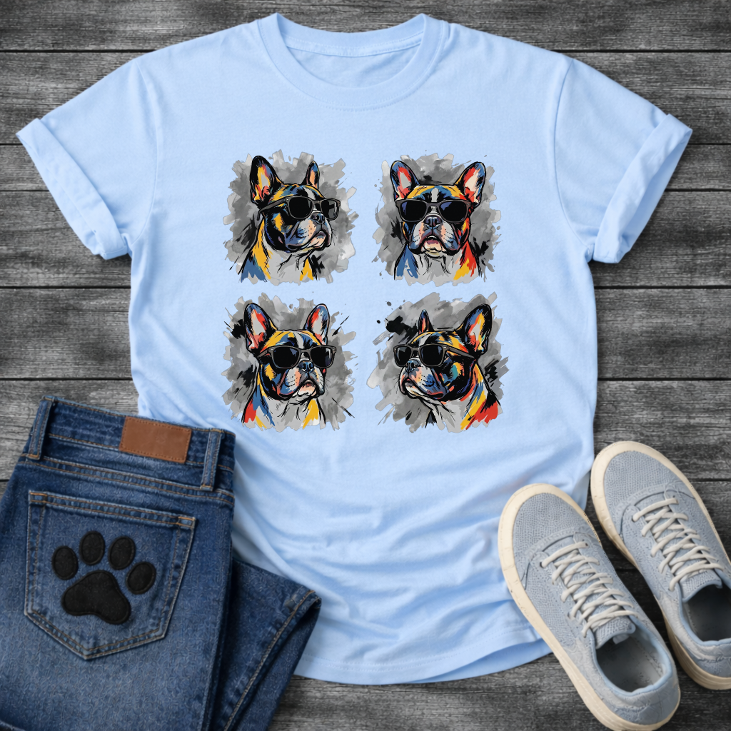 Four French Bulldogs wearing sunglasses colorful pop art style illustration grid graphic tee