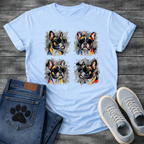 Four French Bulldogs wearing sunglasses colorful pop art style illustration grid graphic tee