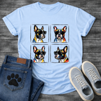 Four French Bulldogs wearing sunglasses pop art grid illustration graphic tee