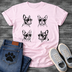 Four French Bulldogs wearing sunglasses sketch illustration grid graphic tee