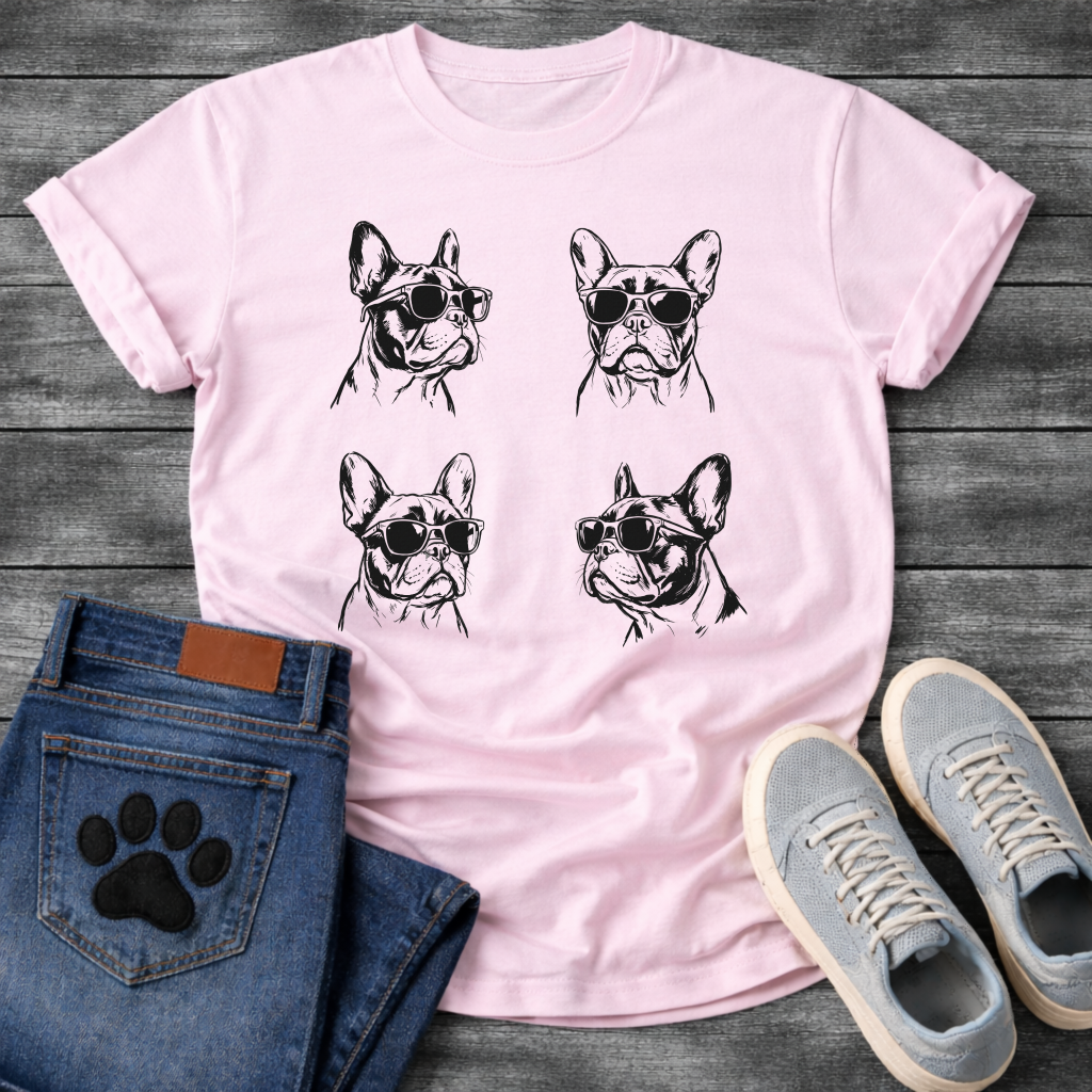 Four French Bulldogs wearing sunglasses sketch illustration grid graphic tee
