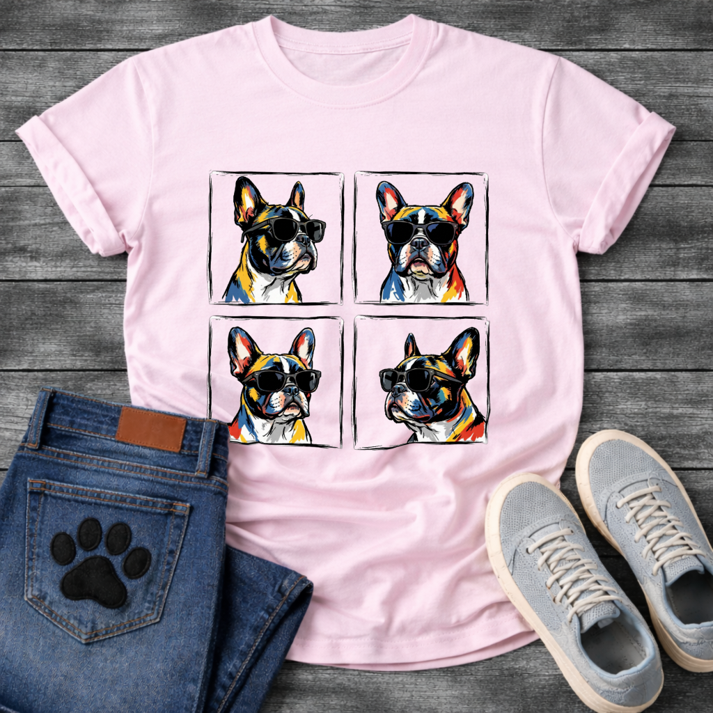 Four French Bulldogs wearing sunglasses pop art grid illustration graphic tee