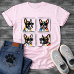 Four French Bulldogs wearing sunglasses pop art grid illustration graphic tee