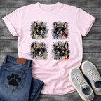 Four French Bulldogs wearing sunglasses colorful pop art style illustration grid graphic tee