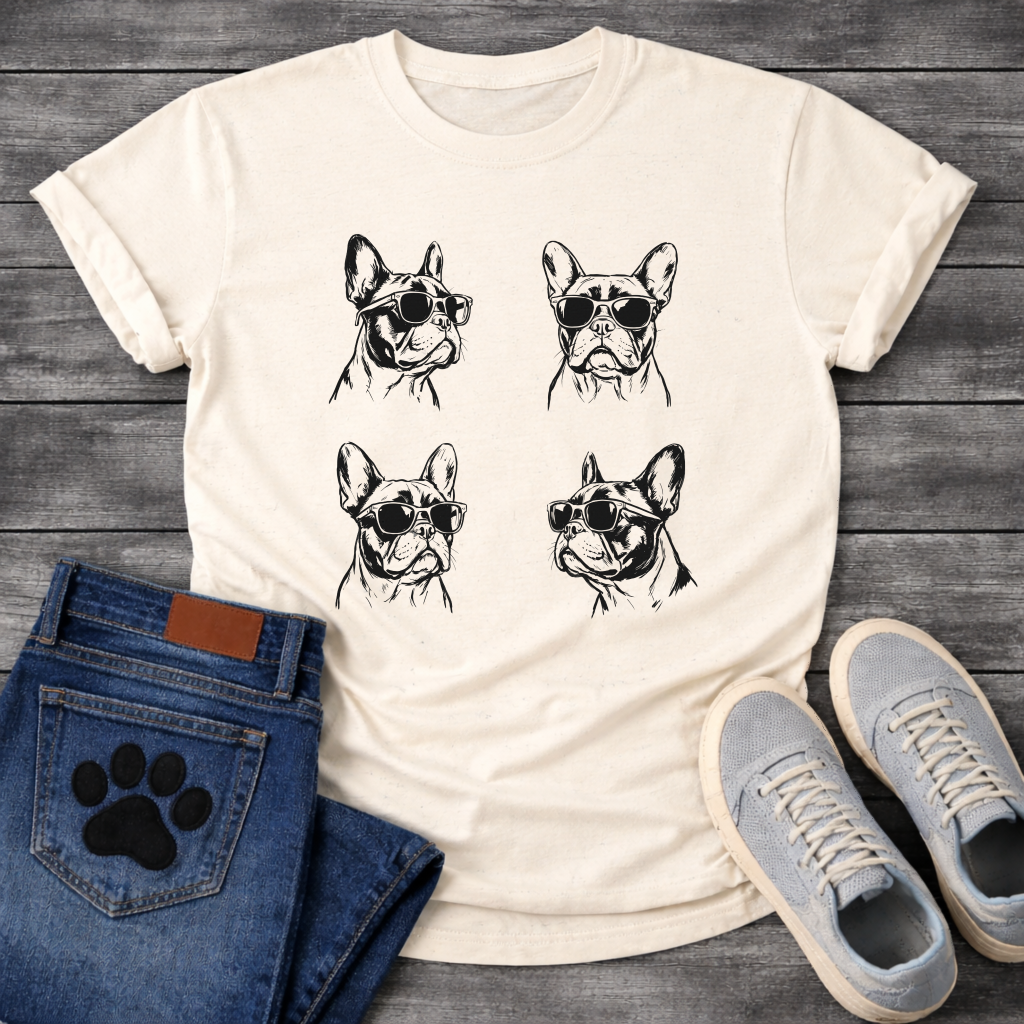 Four French Bulldogs wearing sunglasses sketch illustration grid graphic tee