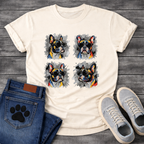 Four French Bulldogs wearing sunglasses colorful pop art style illustration grid graphic tee