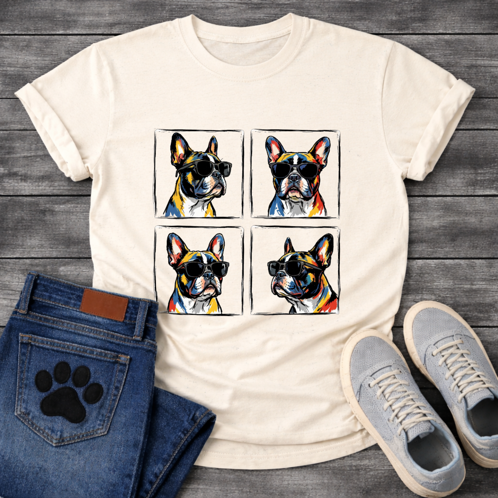 Four French Bulldogs wearing sunglasses pop art grid illustration graphic tee