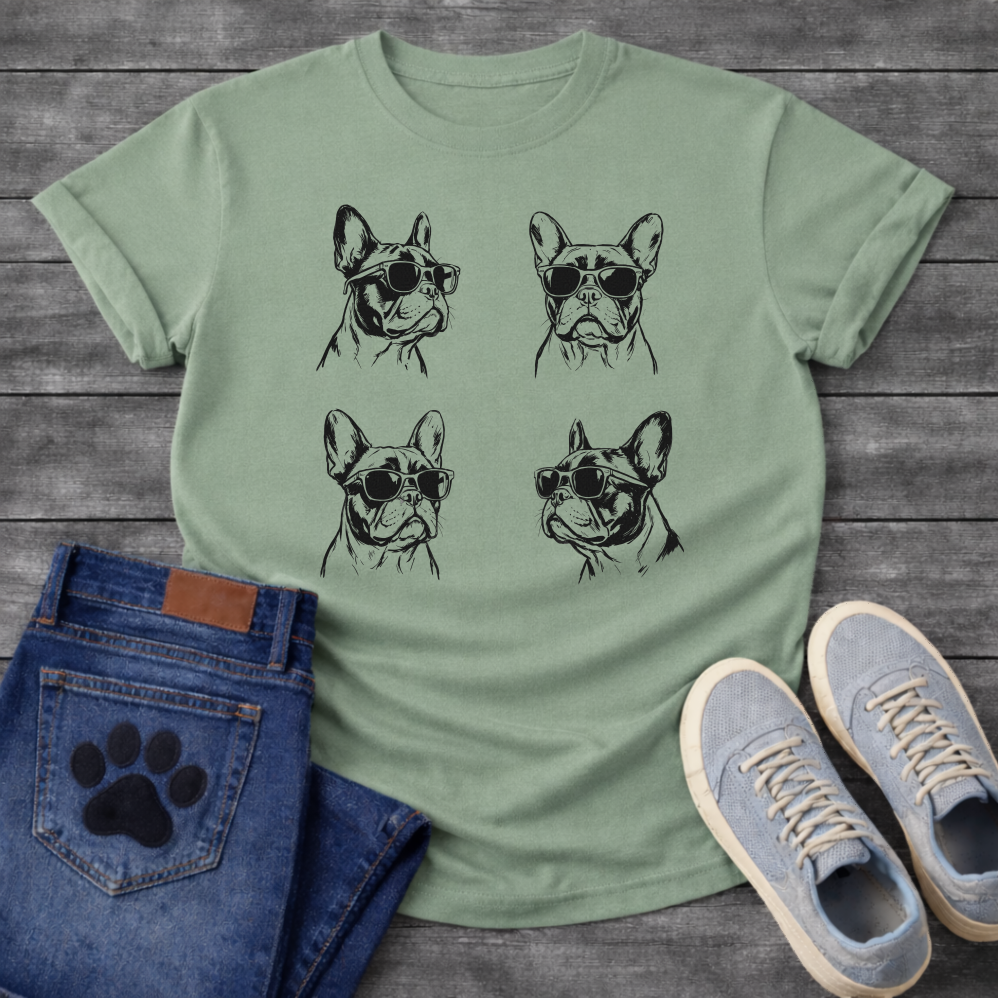 Four French Bulldogs wearing sunglasses sketch illustration grid graphic tee