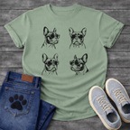 Four French Bulldogs wearing sunglasses sketch illustration grid graphic tee