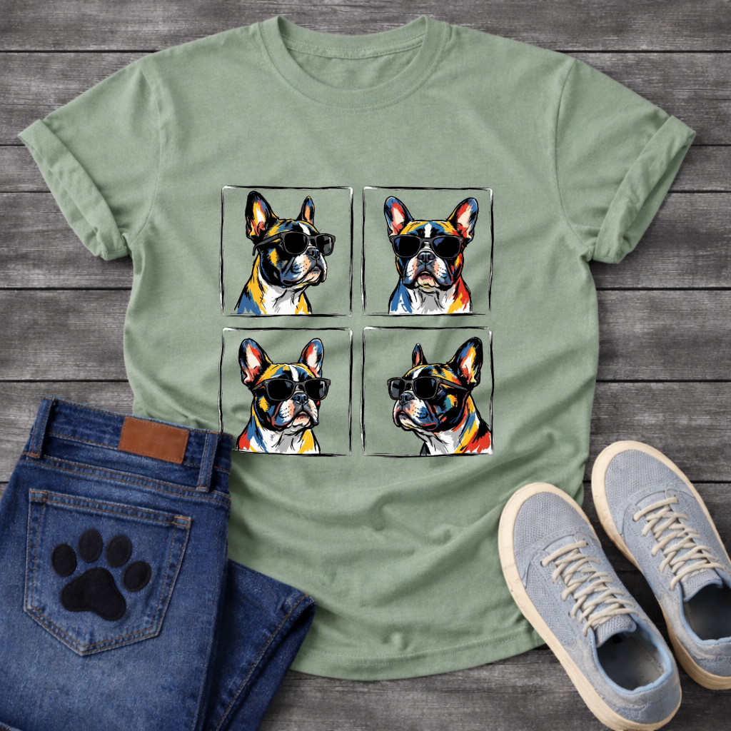 Four French Bulldogs wearing sunglasses pop art grid illustration graphic tee