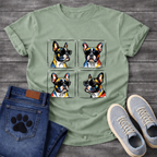 Four French Bulldogs wearing sunglasses pop art grid illustration graphic tee