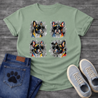 Four French Bulldogs wearing sunglasses colorful pop art style illustration grid graphic tee
