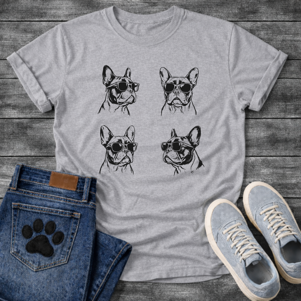 Four French Bulldogs wearing sunglasses sketch illustration grid graphic tee