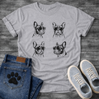 Four French Bulldogs wearing sunglasses sketch illustration grid graphic tee