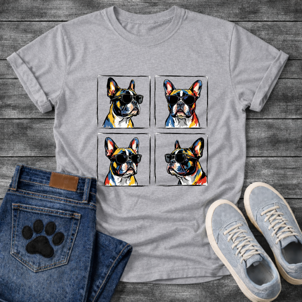 Four French Bulldogs wearing sunglasses pop art grid illustration graphic tee