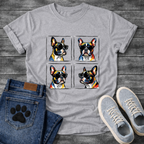 Four French Bulldogs wearing sunglasses pop art grid illustration graphic tee