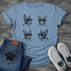 Four French Bulldogs wearing sunglasses sketch illustration grid graphic tee