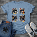 Four French Bulldogs wearing sunglasses colorful pop art style illustration grid graphic tee