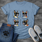 Four French Bulldogs wearing sunglasses pop art grid illustration graphic tee