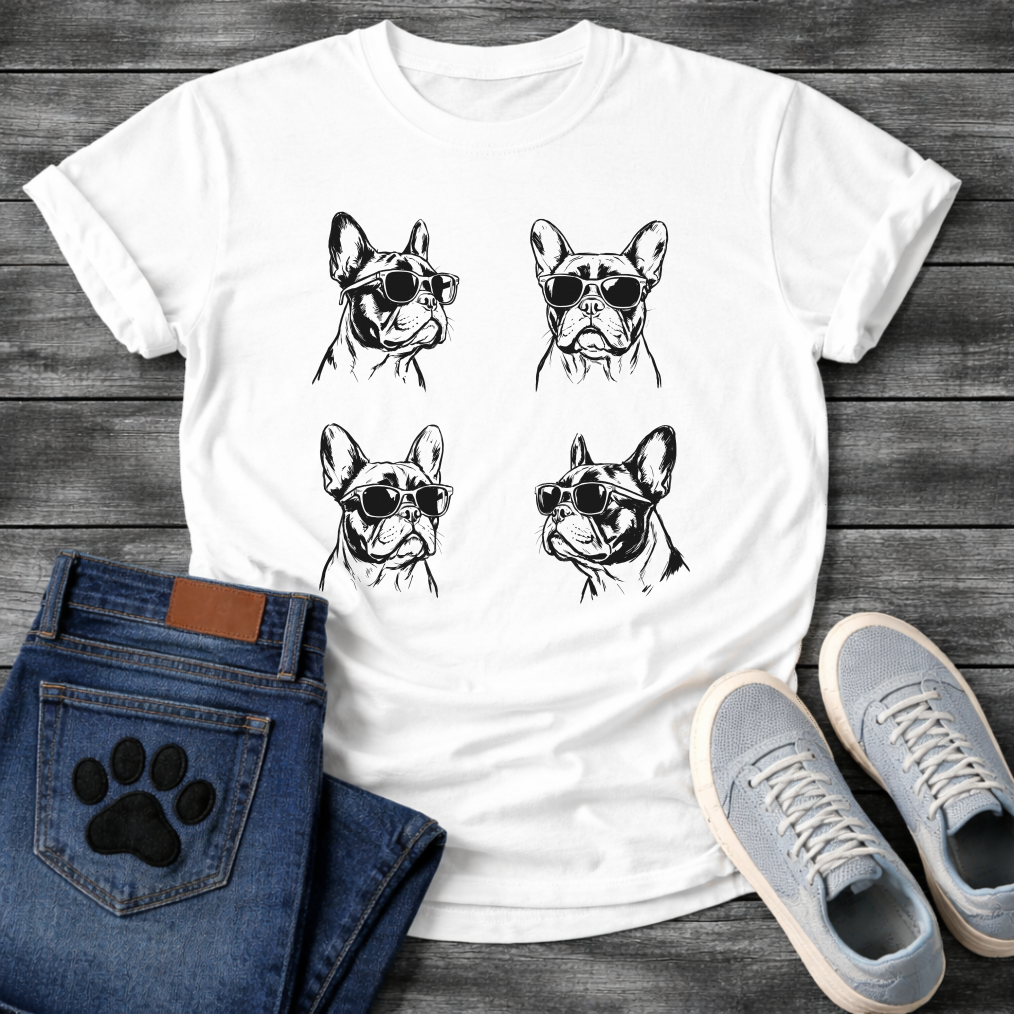 Four French Bulldogs wearing sunglasses sketch illustration grid graphic tee