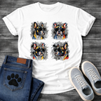 Four French Bulldogs wearing sunglasses colorful pop art style illustration grid graphic tee
