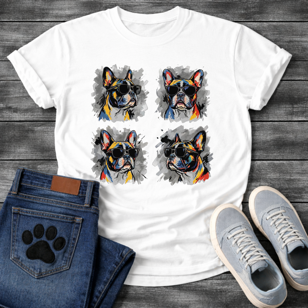 Four French Bulldogs wearing sunglasses colorful pop art style illustration grid graphic tee