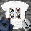 Four French Bulldogs wearing sunglasses pop art grid illustration graphic tee