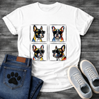 Four French Bulldogs wearing sunglasses pop art grid illustration graphic tee