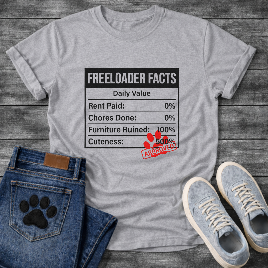 Funny dog owner t-shirt with freeloader facts list for pet parents