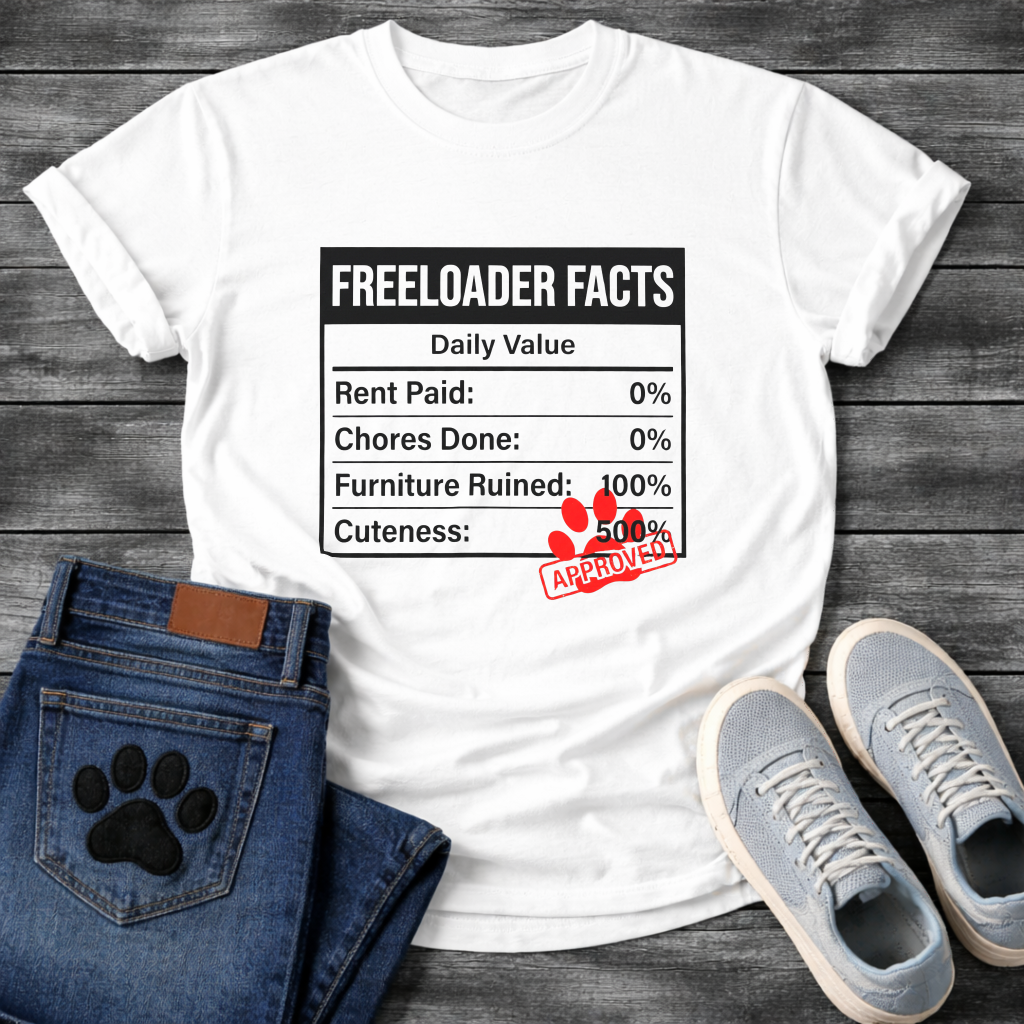Funny dog owner t-shirt with freeloader facts list for pet parents