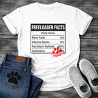 Funny dog owner t-shirt with freeloader facts list for pet parents