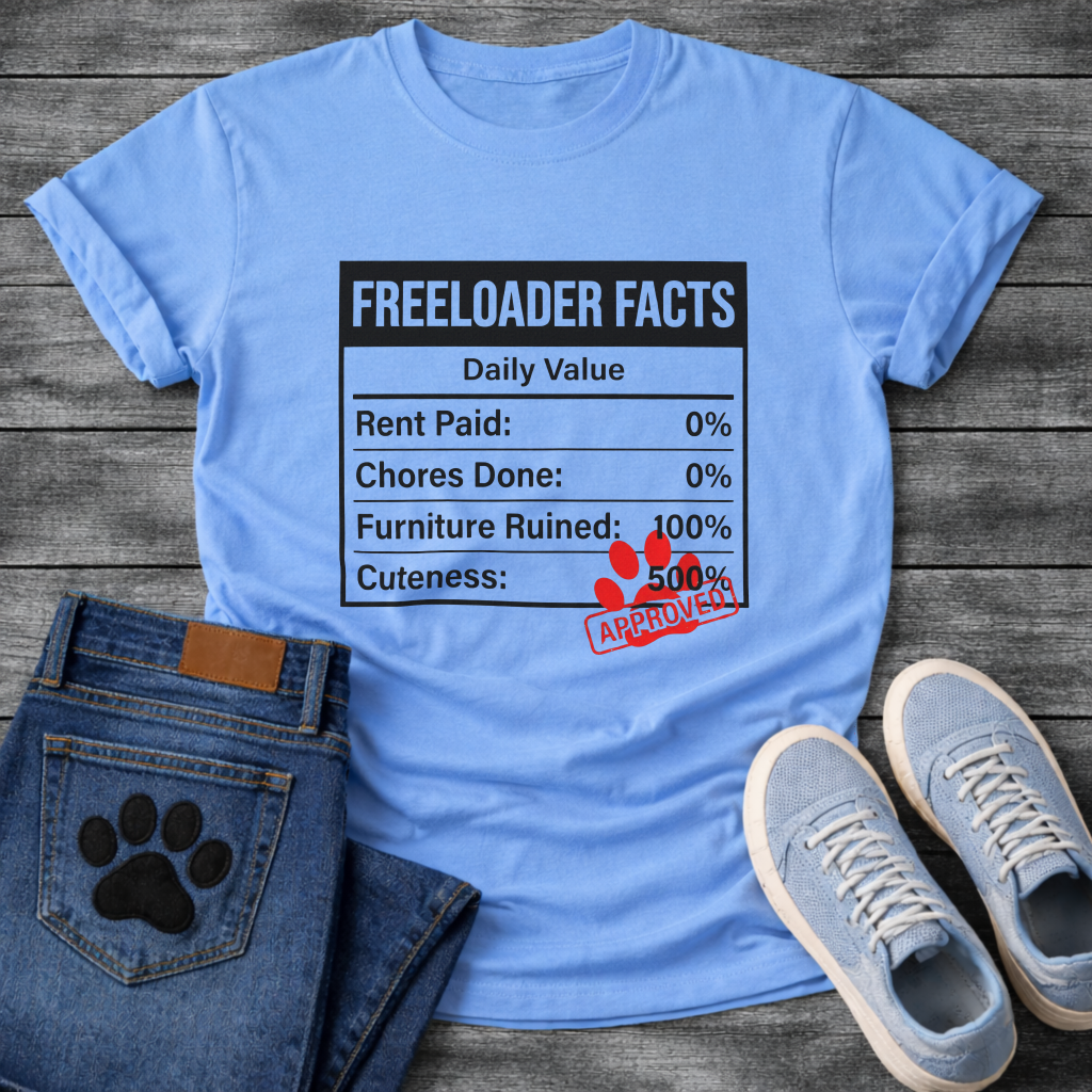 Funny dog owner t-shirt with freeloader facts list for pet parents