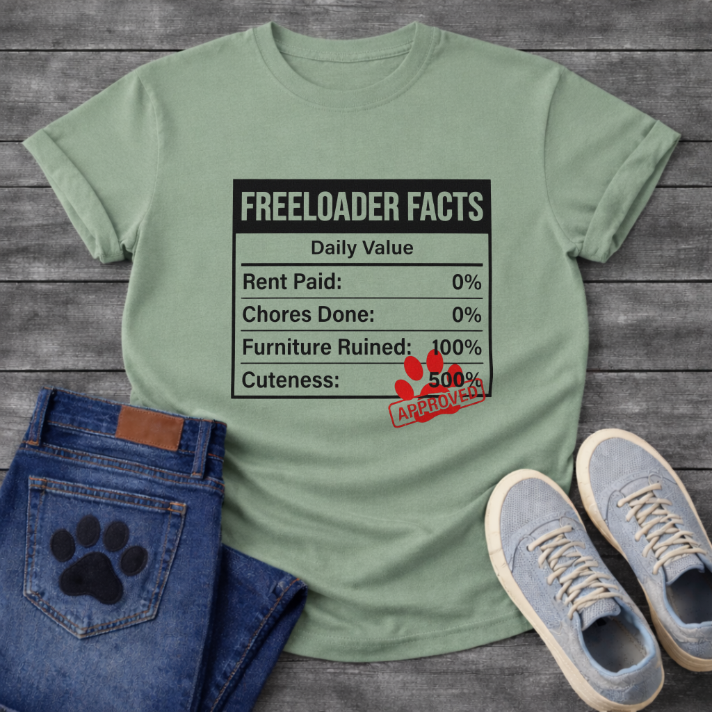 Funny dog owner t-shirt with freeloader facts list for pet parents