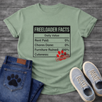 Funny dog owner t-shirt with freeloader facts list for pet parents
