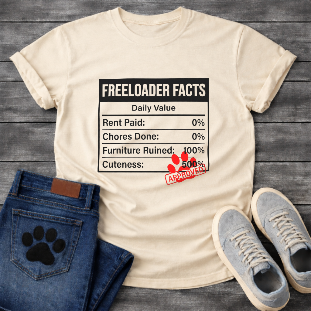 Funny dog owner t-shirt with freeloader facts list for pet parents