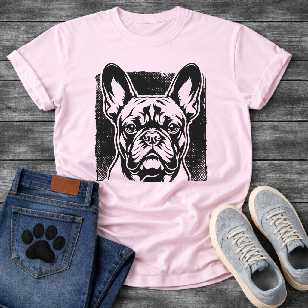 French Bulldog halftone portrait face graphic dog shirt unisex tee white