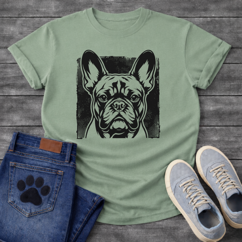 French Bulldog halftone portrait face graphic dog shirt unisex tee white