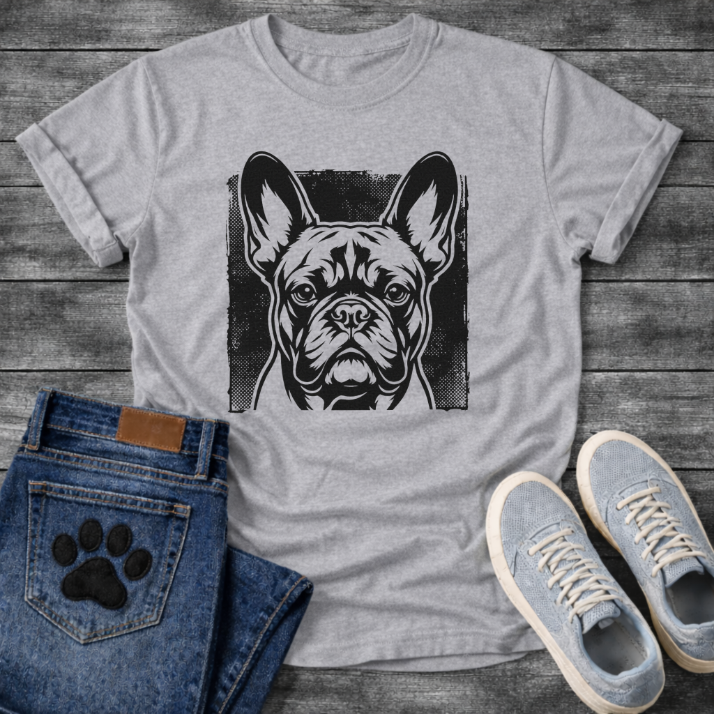 French Bulldog halftone portrait face graphic dog shirt unisex tee white
